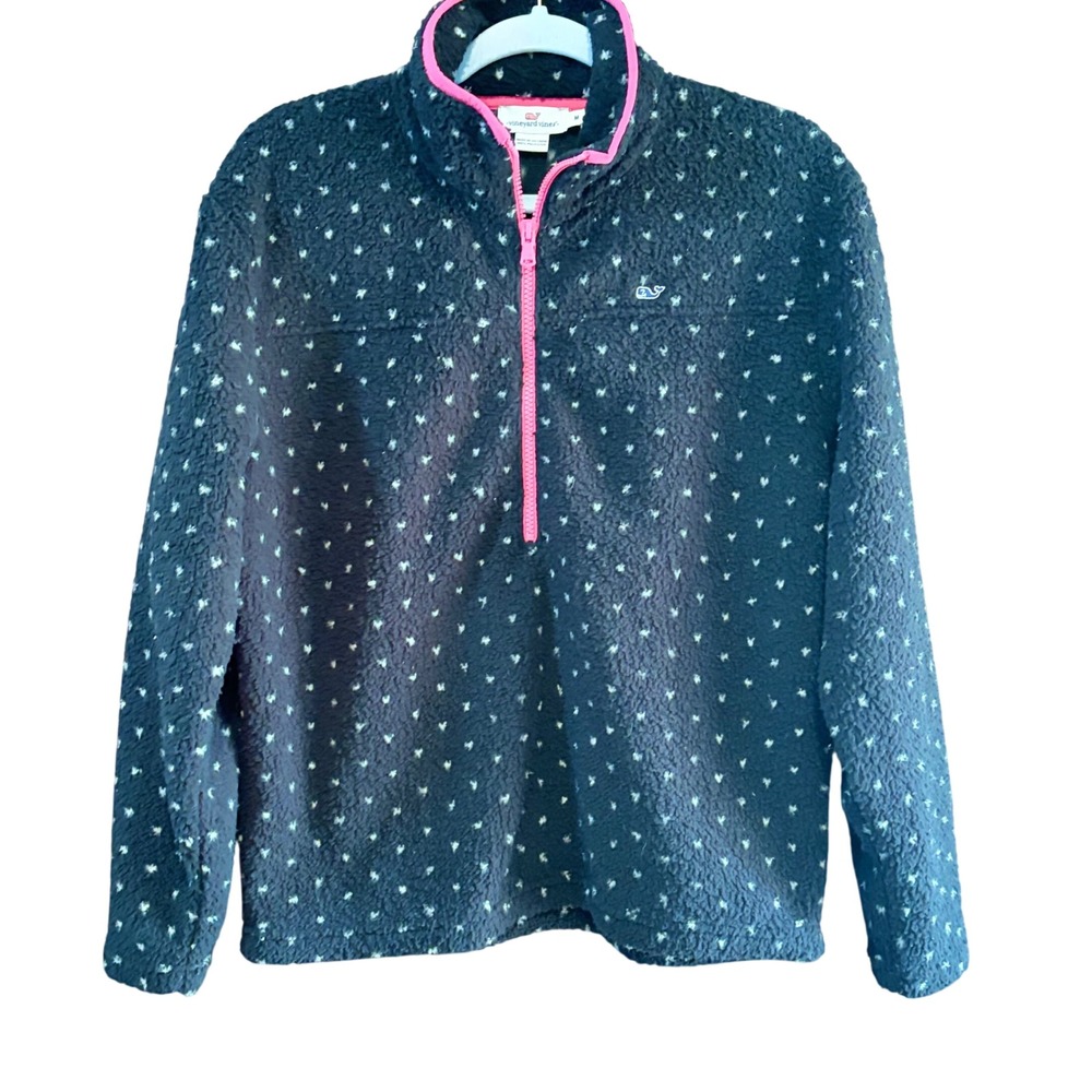 Vineyard Vines Womens polka dot Sherpa‎ Fleece Quarter Zip Shep Shirt Navy Pink